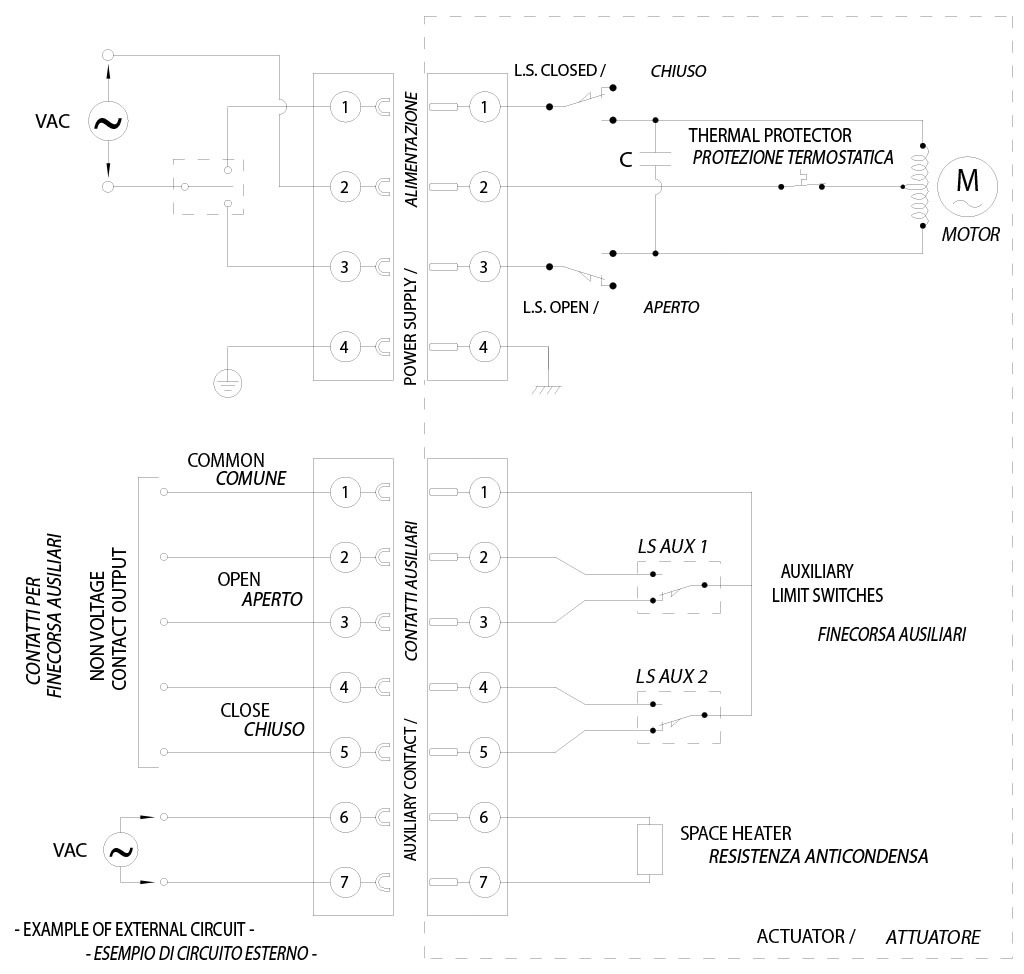 Actionneur électrique de type rotatif EA ON-OFF - spécifications - SCHÉMA ÉLECTRIQUE DE BRANCHEMENT POUR ALIMENTATION 115 - 230 Vca