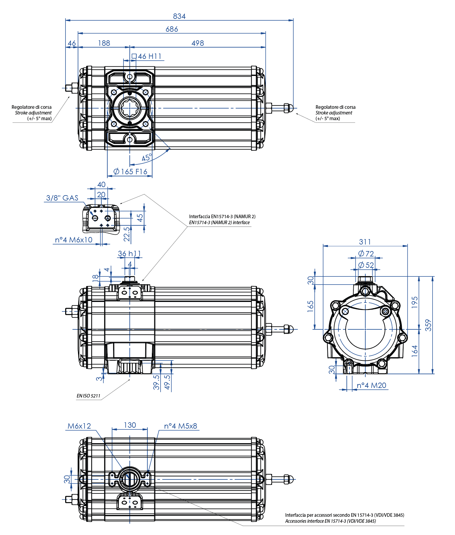 AGO - simple effet SR en aluminium - dimensions - Actionneur pneumatique simple effet mesure SR 1440 (Nm)