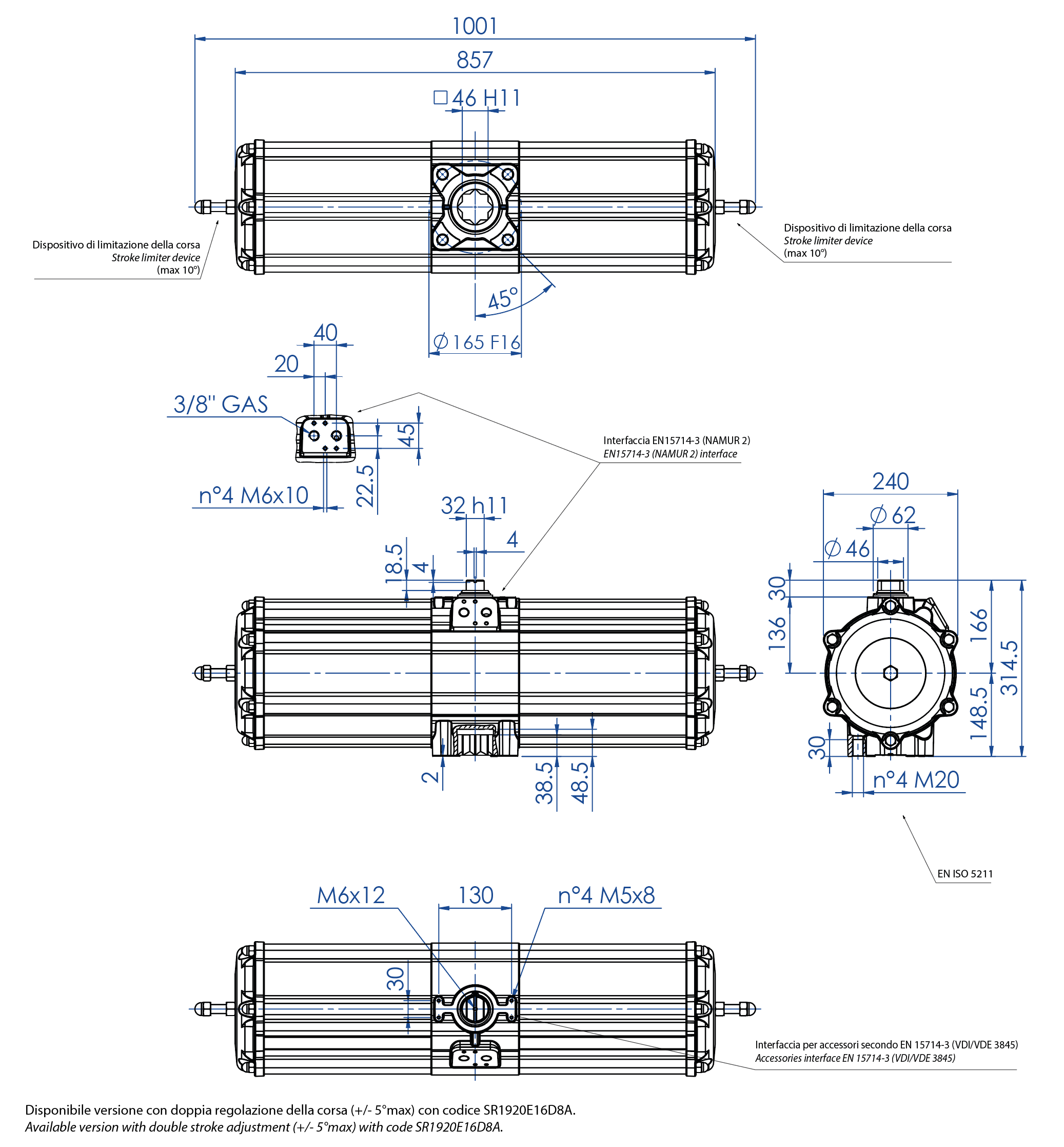 AGO - simple effet SR en aluminium - dimensions - Actionneur pneumatique simple effet mesure SR 1920 (Nm)