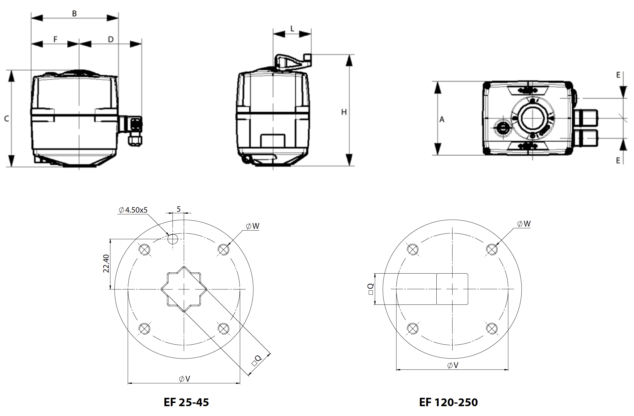 Actionneur électrique de type rotatif EF 25-250 - dimensions - 